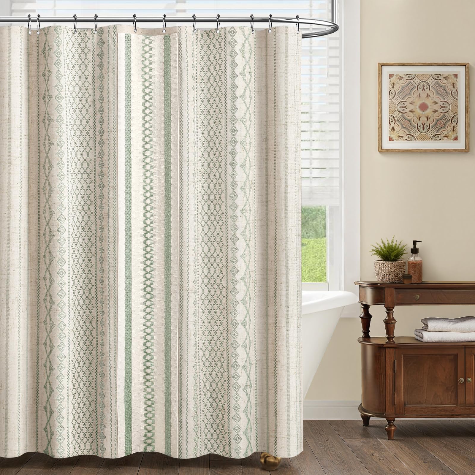 NDDYCU sage green linen-striped print enhances subtle boho charm in the bathroom.