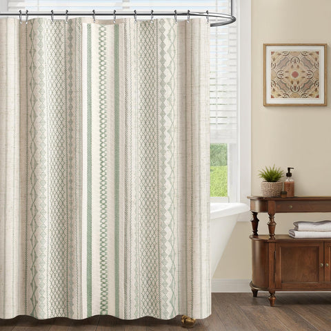 NDDYCU sage green linen-striped print enhances subtle boho charm in the bathroom.