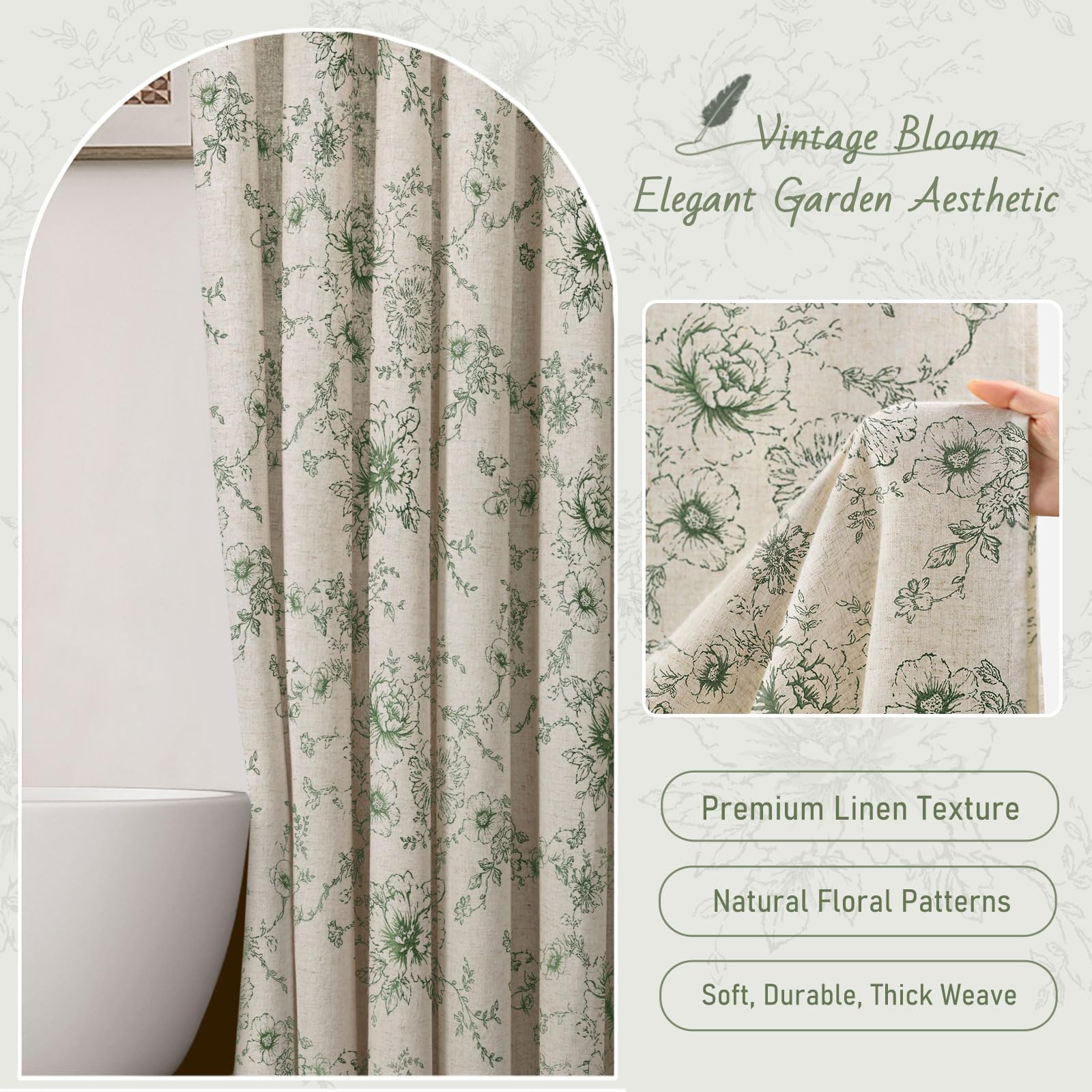 NDDYCU Farmhouse Floral Linen Curtain sage-toned print boosts rustic bathroom style.