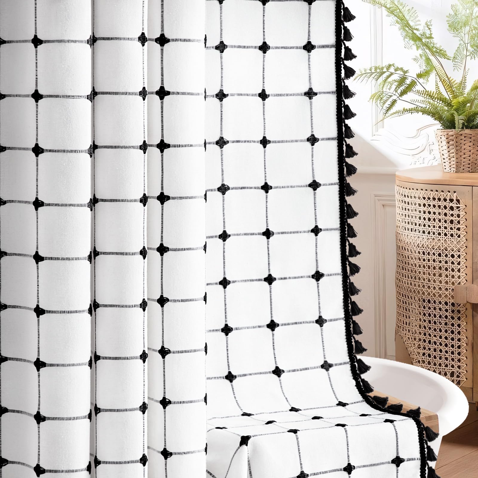 NDDYCU shower curtain with plaid embroidery and tassels adds rustic charm.