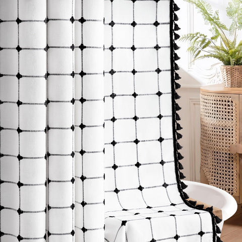 NDDYCU shower curtain with plaid embroidery and tassels adds rustic charm.