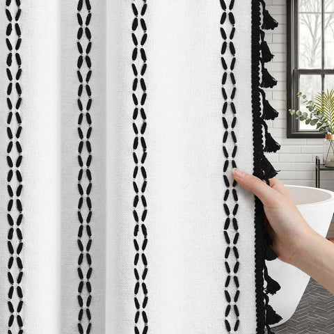 Close-up of tassel accents on the NDDYCU shower curtain.