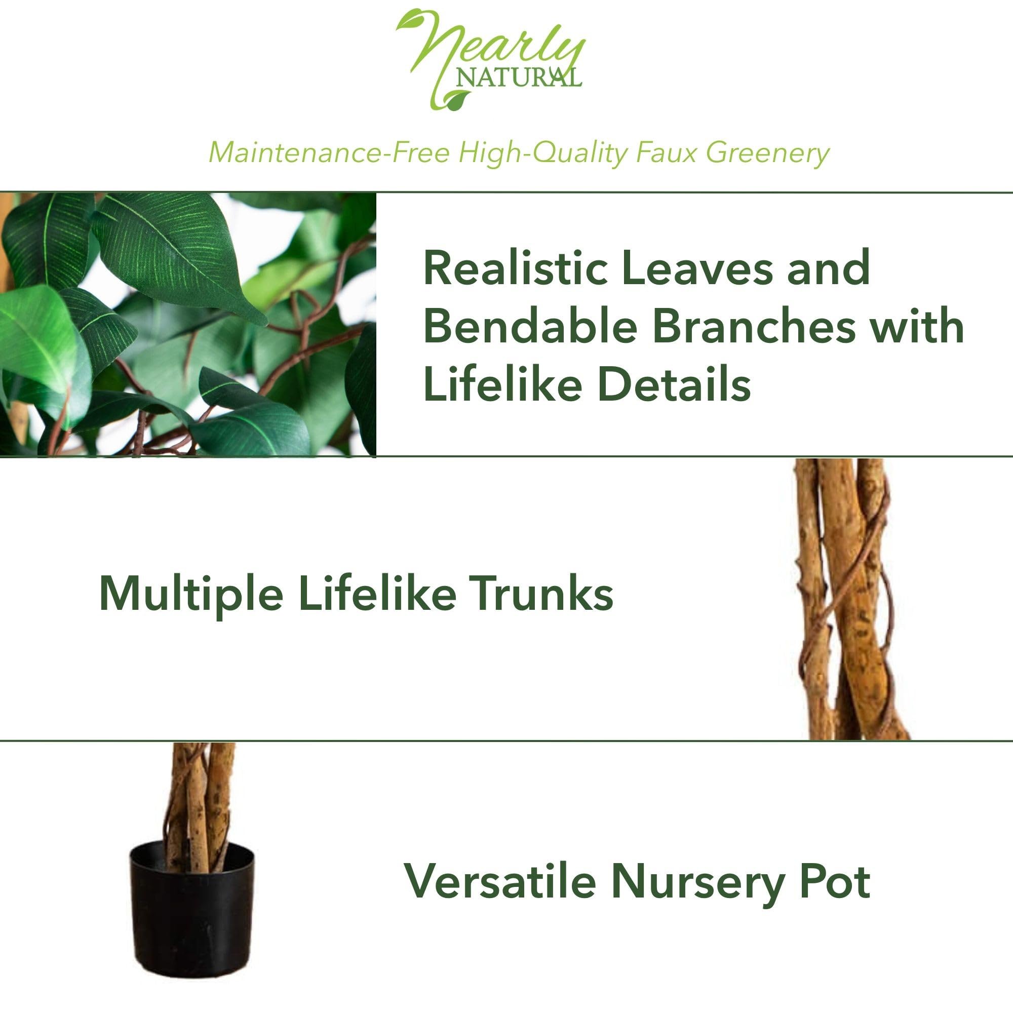 Nearly Natural ficus tree with twisting trunks, adds architectural interest.