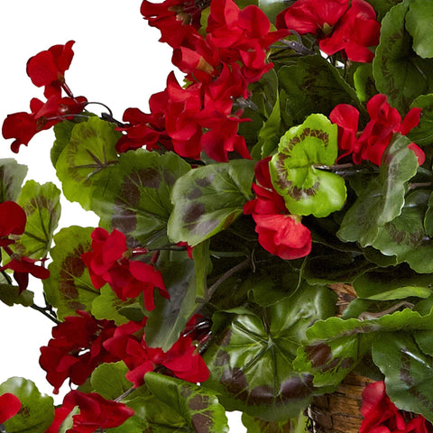 Nearly Natural 6857-RD geranium hanging basket, bloom close-up with rich red tones.
