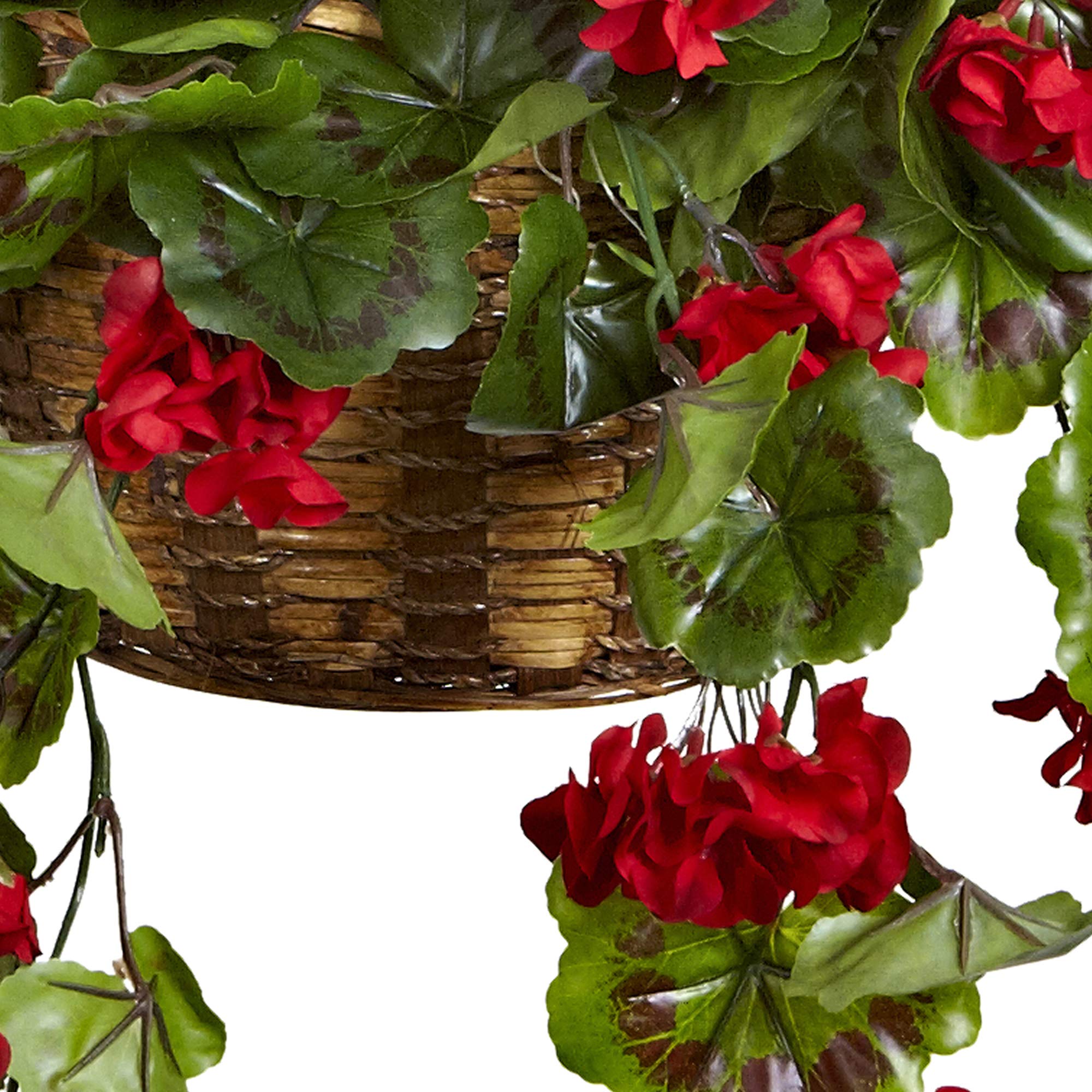 Nearly Natural 6857-RD geranium hanging basket, lush greenery detail.