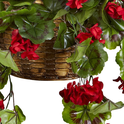 Nearly Natural 6857-RD geranium hanging basket, lush greenery detail.