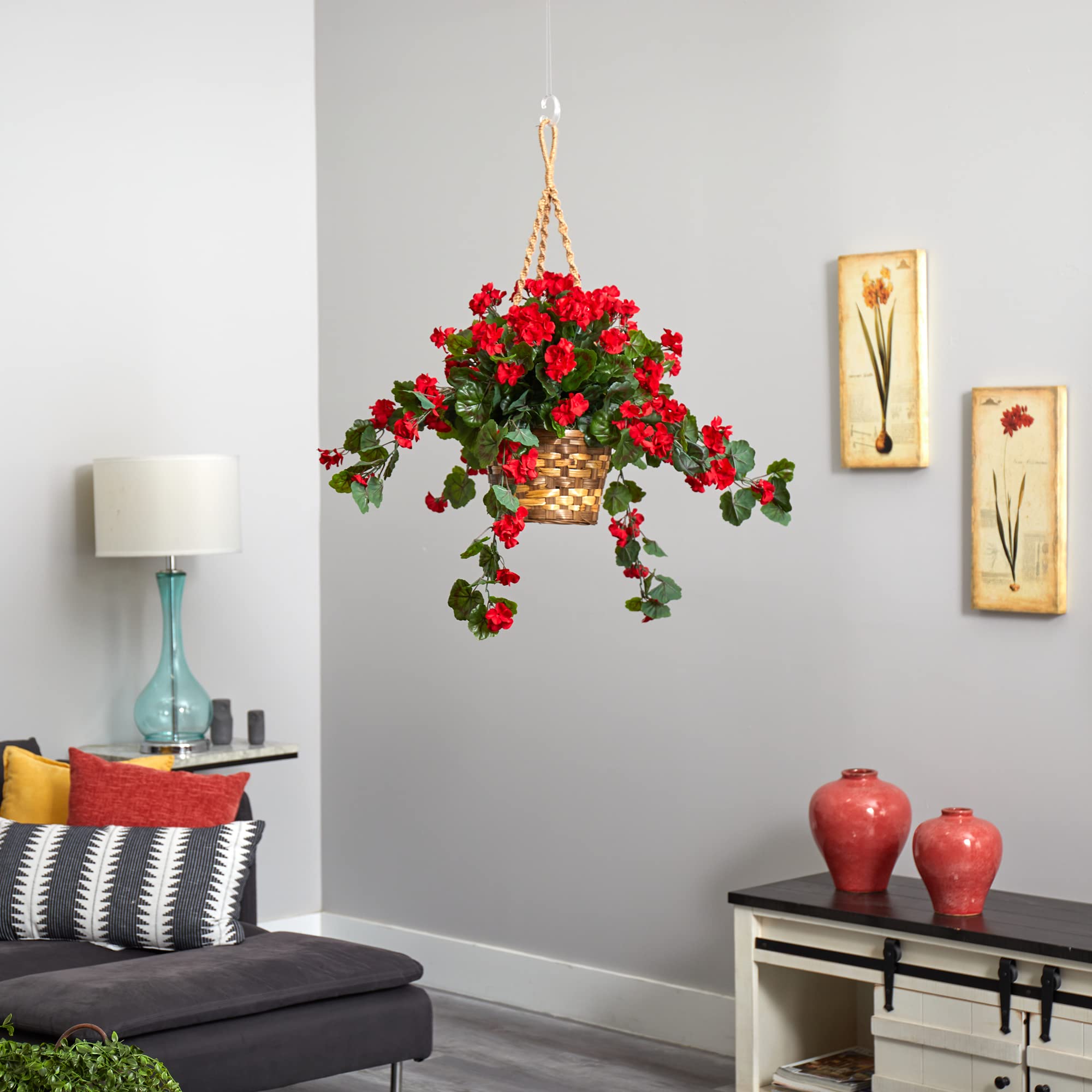 Nearly Natural 6857-RD geranium hanging basket, indoor decor accent for living areas.