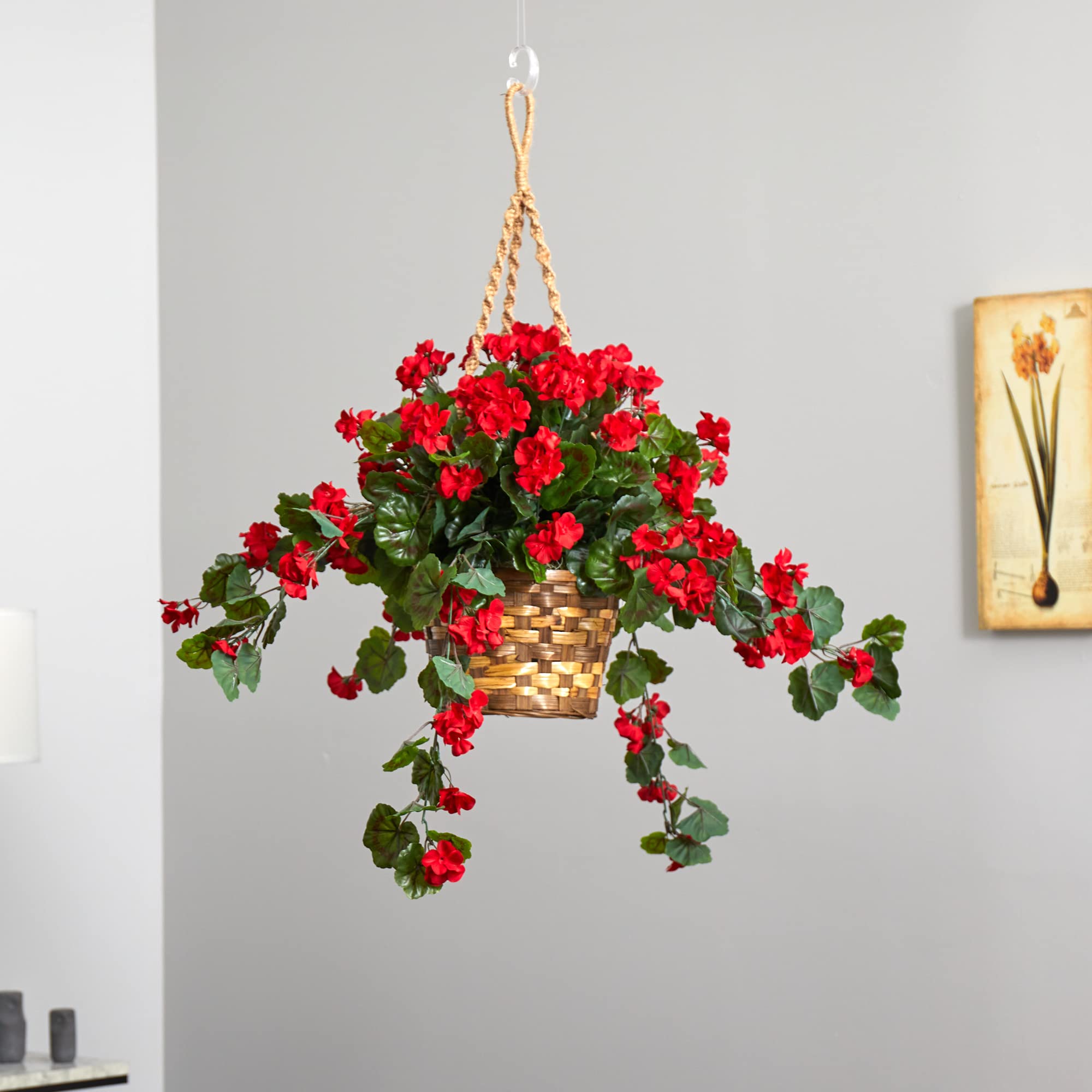 Nearly Natural 6857-RD geranium hanging basket, outdoor ready for sheltered spaces.