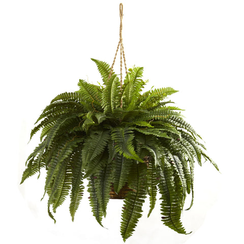 Nearly Natural Boston Fern leaves close-up showing realistic texture.