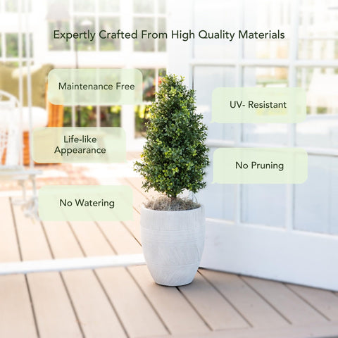 Nearly Natural boxwood with integrated ground stake for quick outdoor placement.