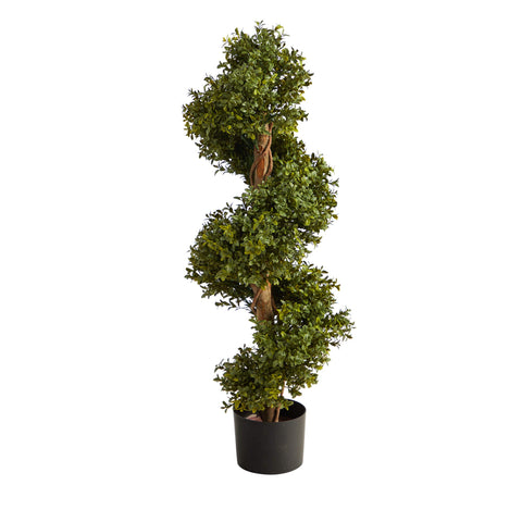 Nearly Natural boxwood spiral topiary tree outdoors with vibrant twirls for stylish entryways.