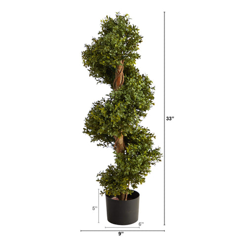 Nearly Natural boxwood topiary in a black planter for a classic 33-inch display.