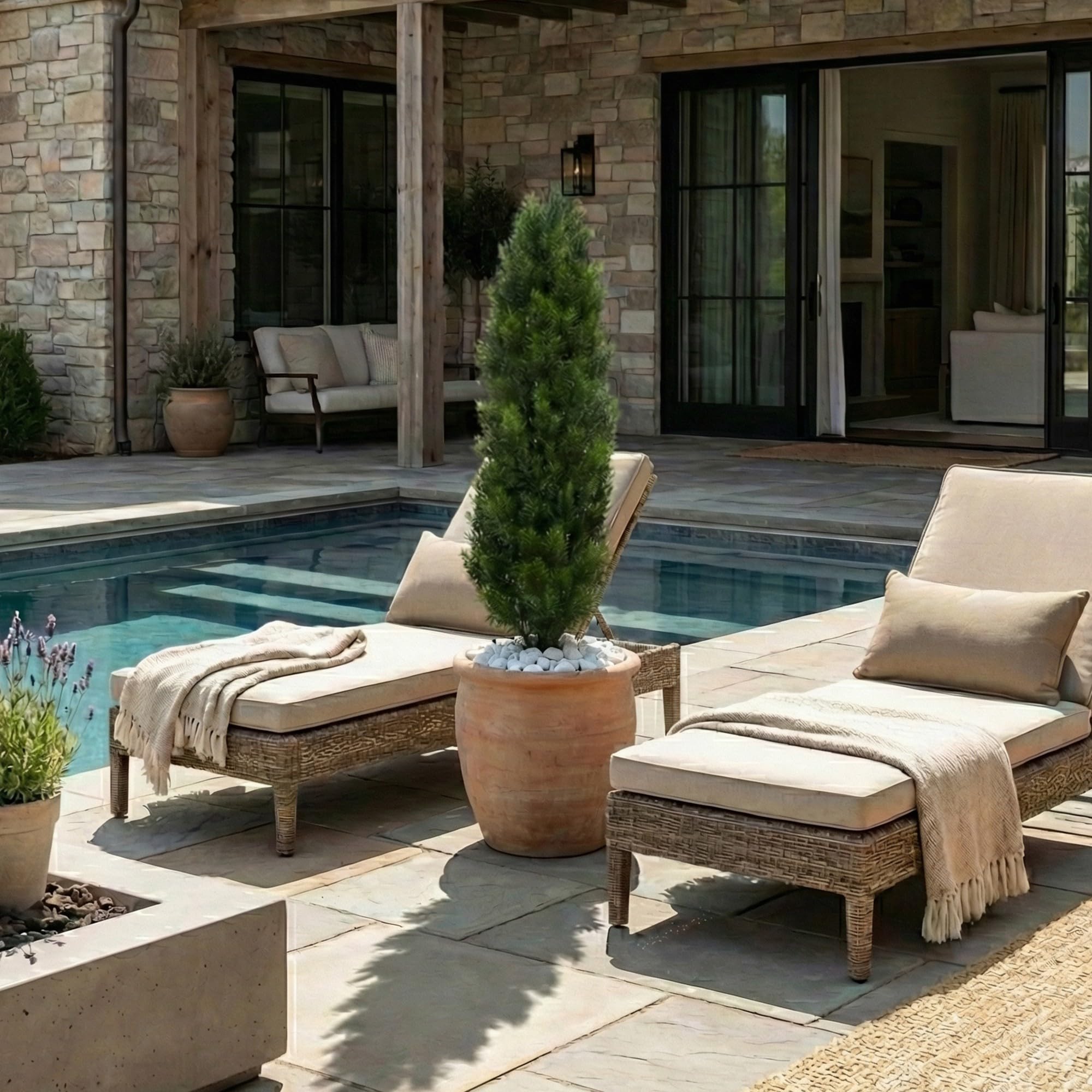 Nearly Natural Cedar Pine in nursery pot showcases outdoor readiness and easy placement.