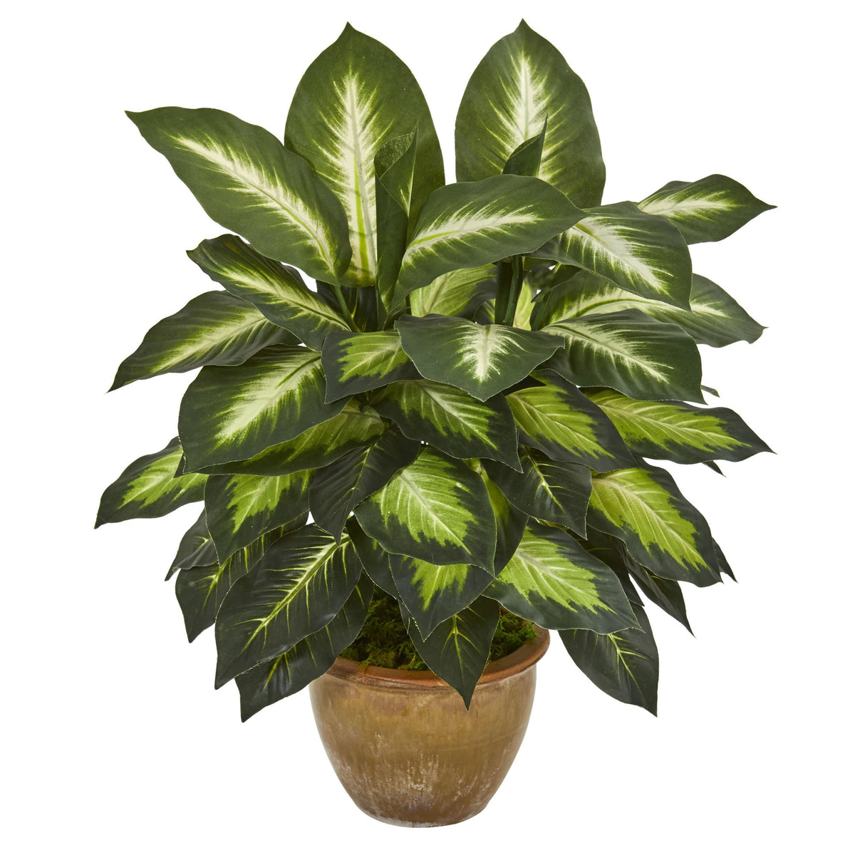 Nearly Natural Dieffenbachia plant in ceramic pot adds indoor greenery.