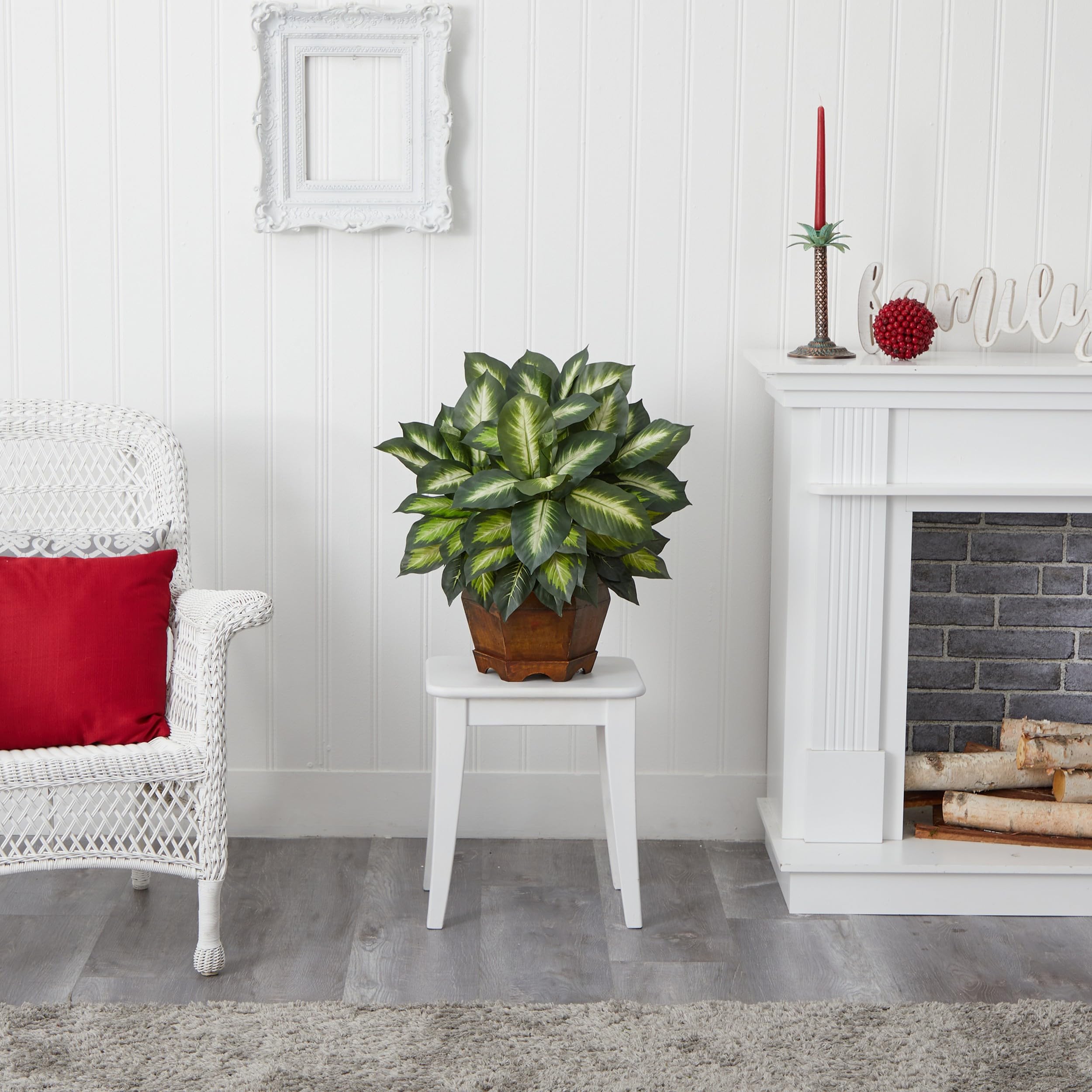 Nearly Natural full plant in pot adds year-round greenery to living rooms.