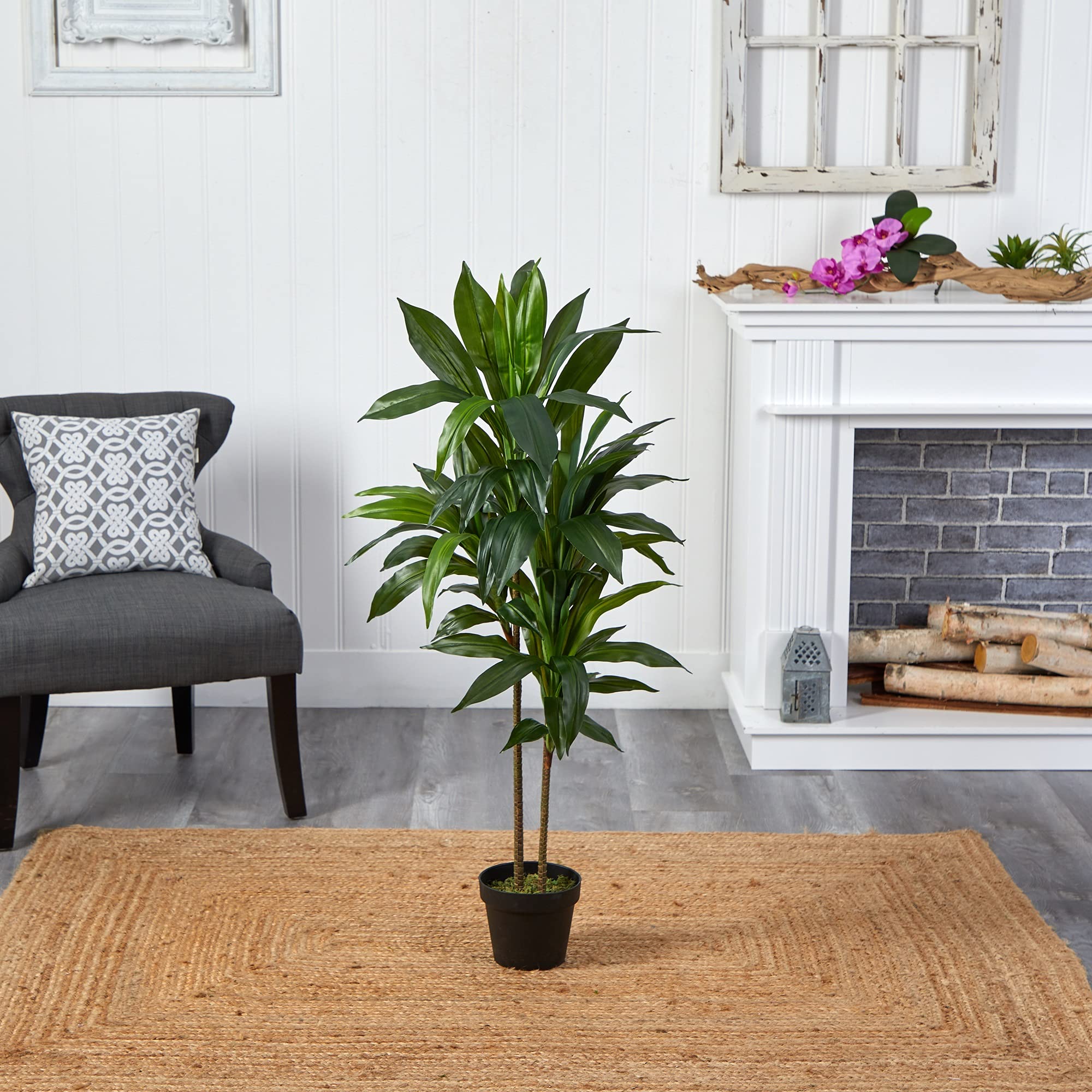 Nearly Natural dracaena living room scene showcases tall, maintenance-free greenery.