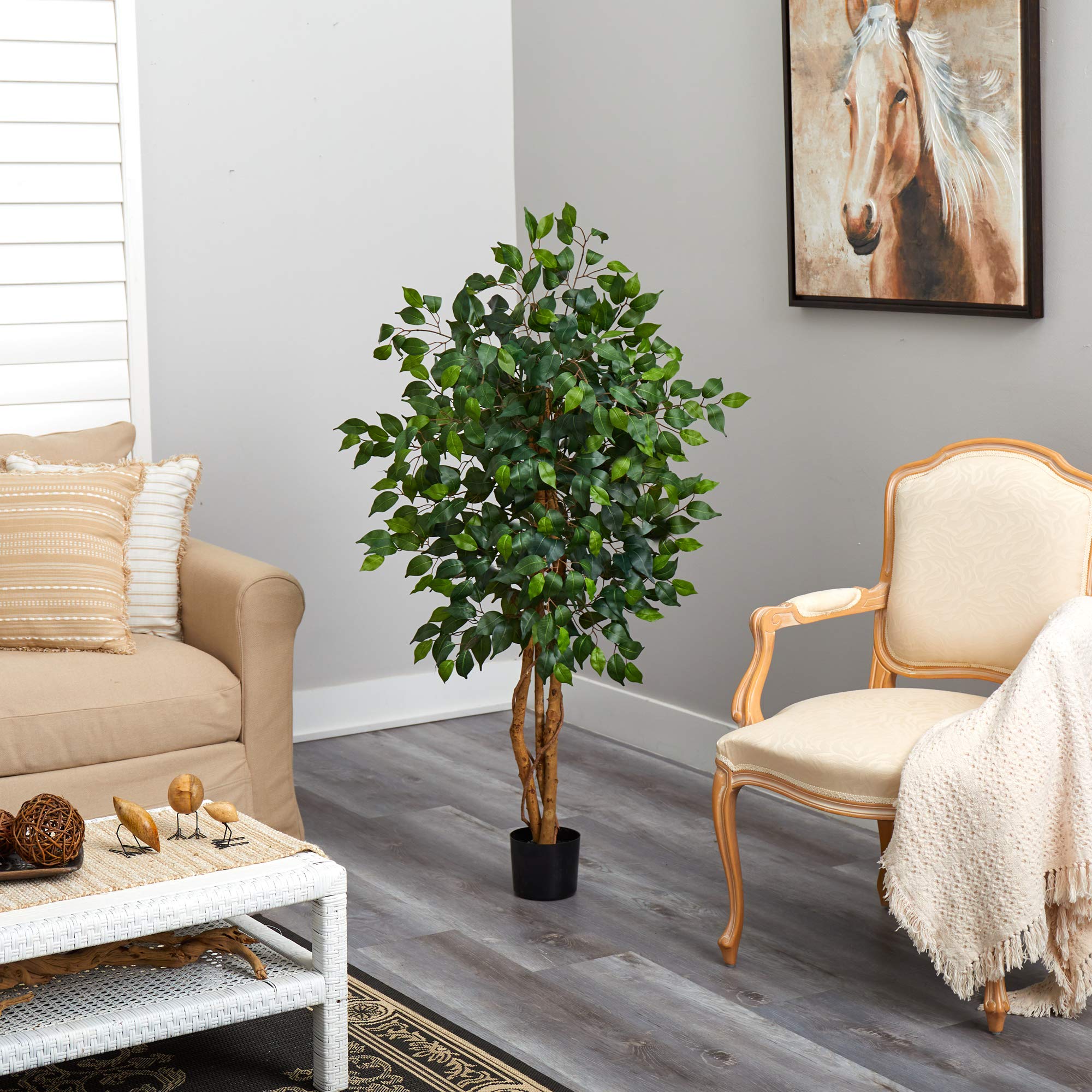 Nearly Natural entryway ficus setup creates a grand silhouette for guests.