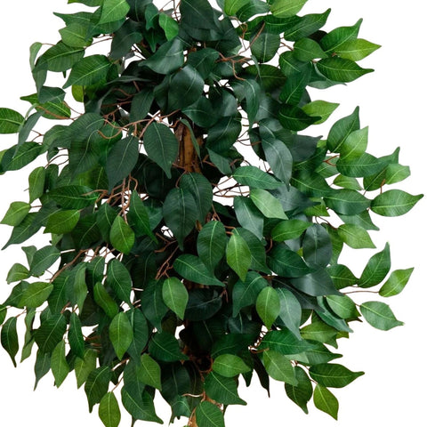 Nearly Natural ficus tree in black nursery pot for easy styling.
