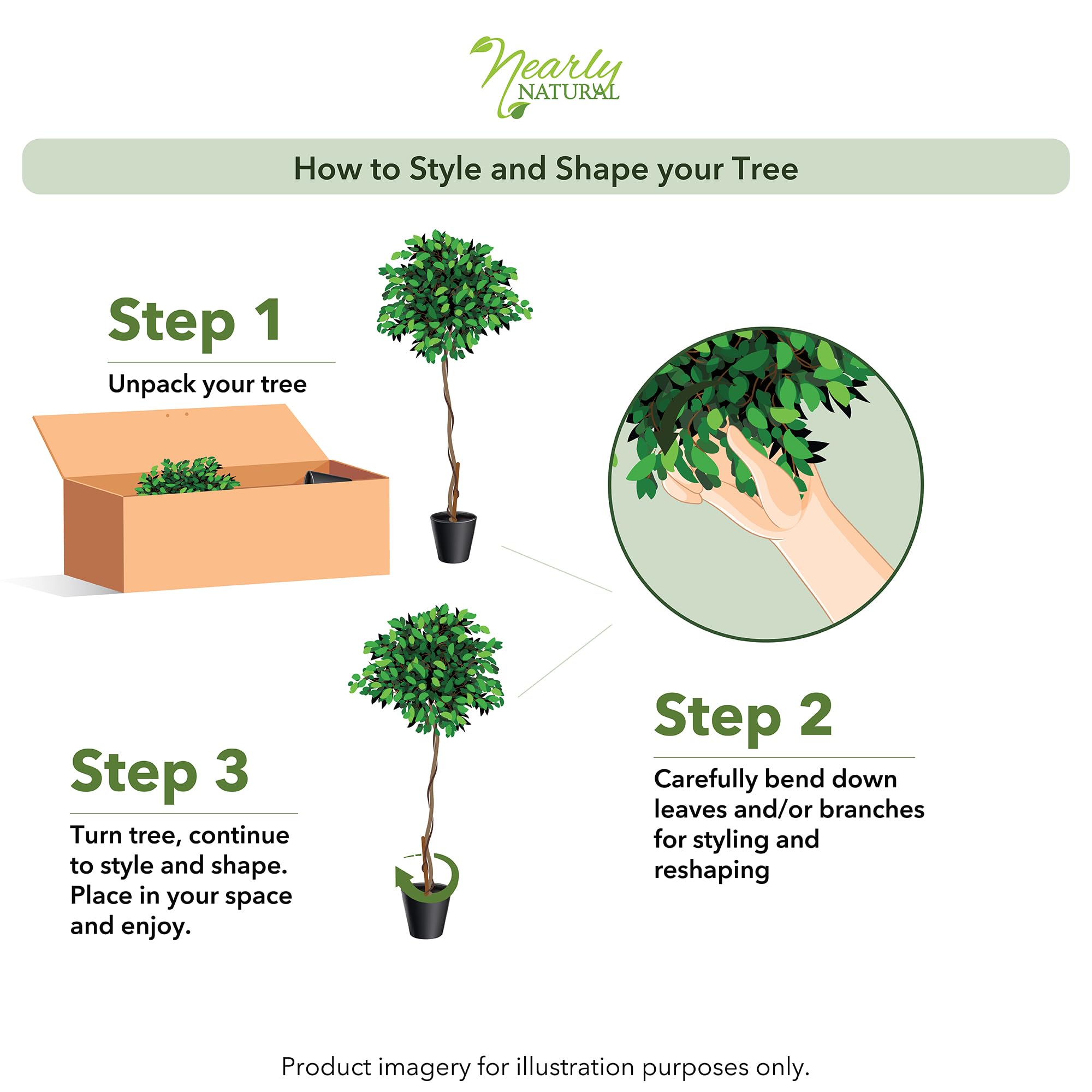 Nearly Natural ficus tree reshaping after unboxing helps reach full size.
