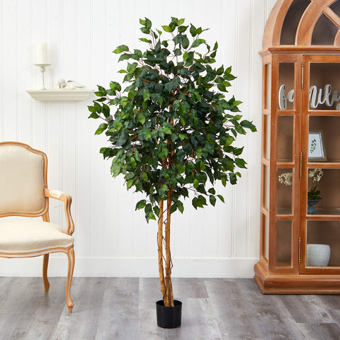 Nearly Natural ficus tree requires no maintenance; wipe clean.