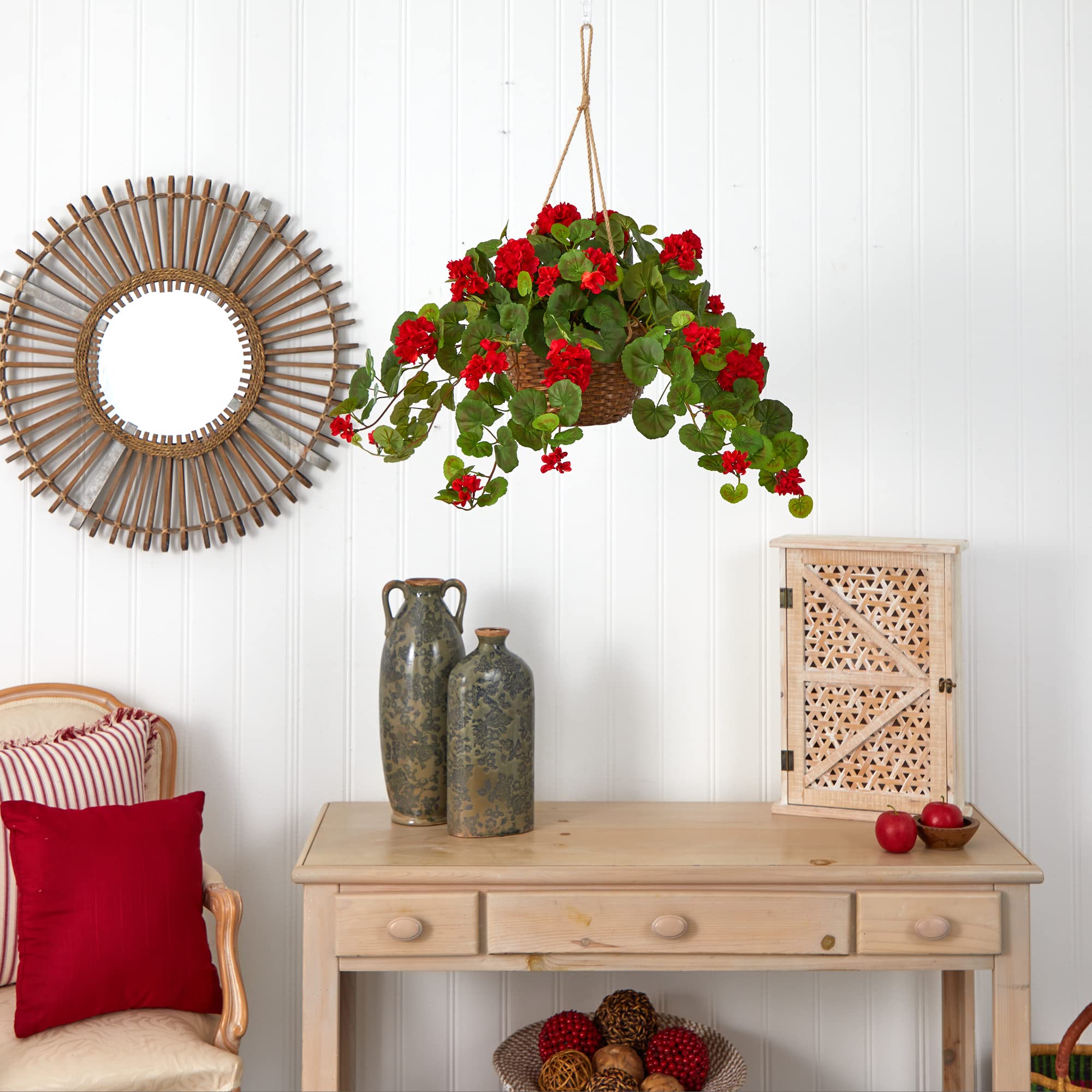 Nearly Natural geranium basket wicker planter enhances natural look on porches.