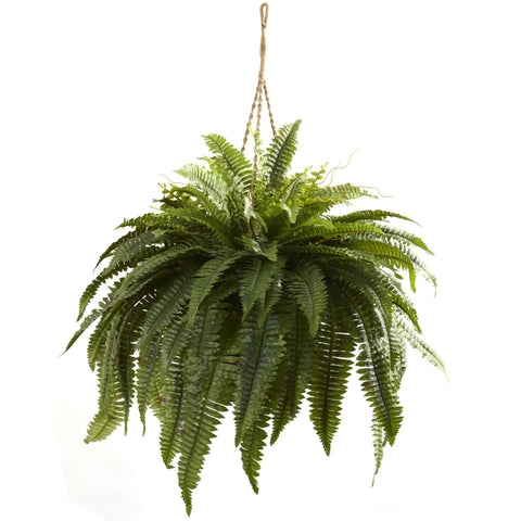 Nearly Natural Giant Boston Fern hanging basket; lush greenery for indoor decor.