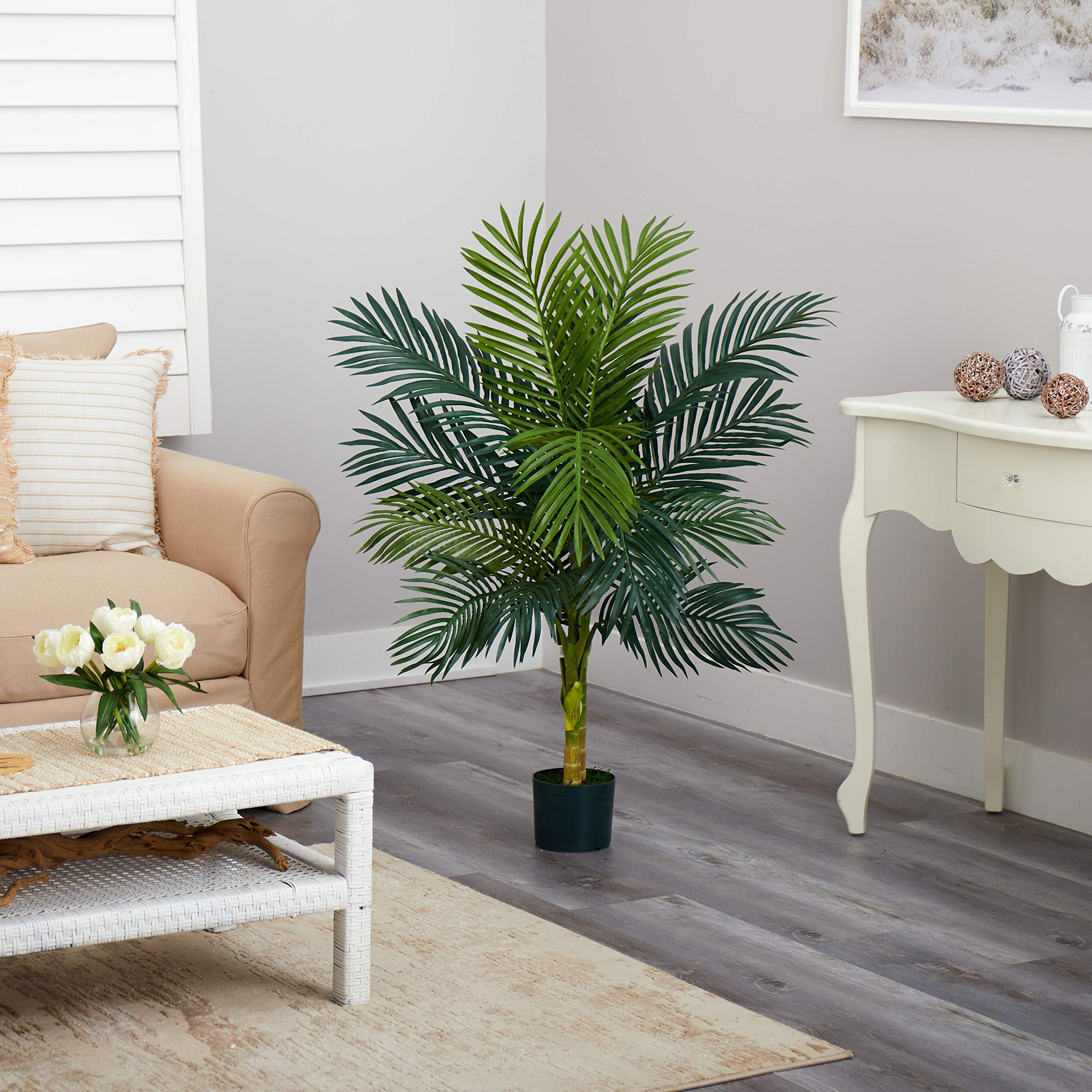 4ft tall indoor Nearly Natural Golden Cane Palm fits living rooms nicely