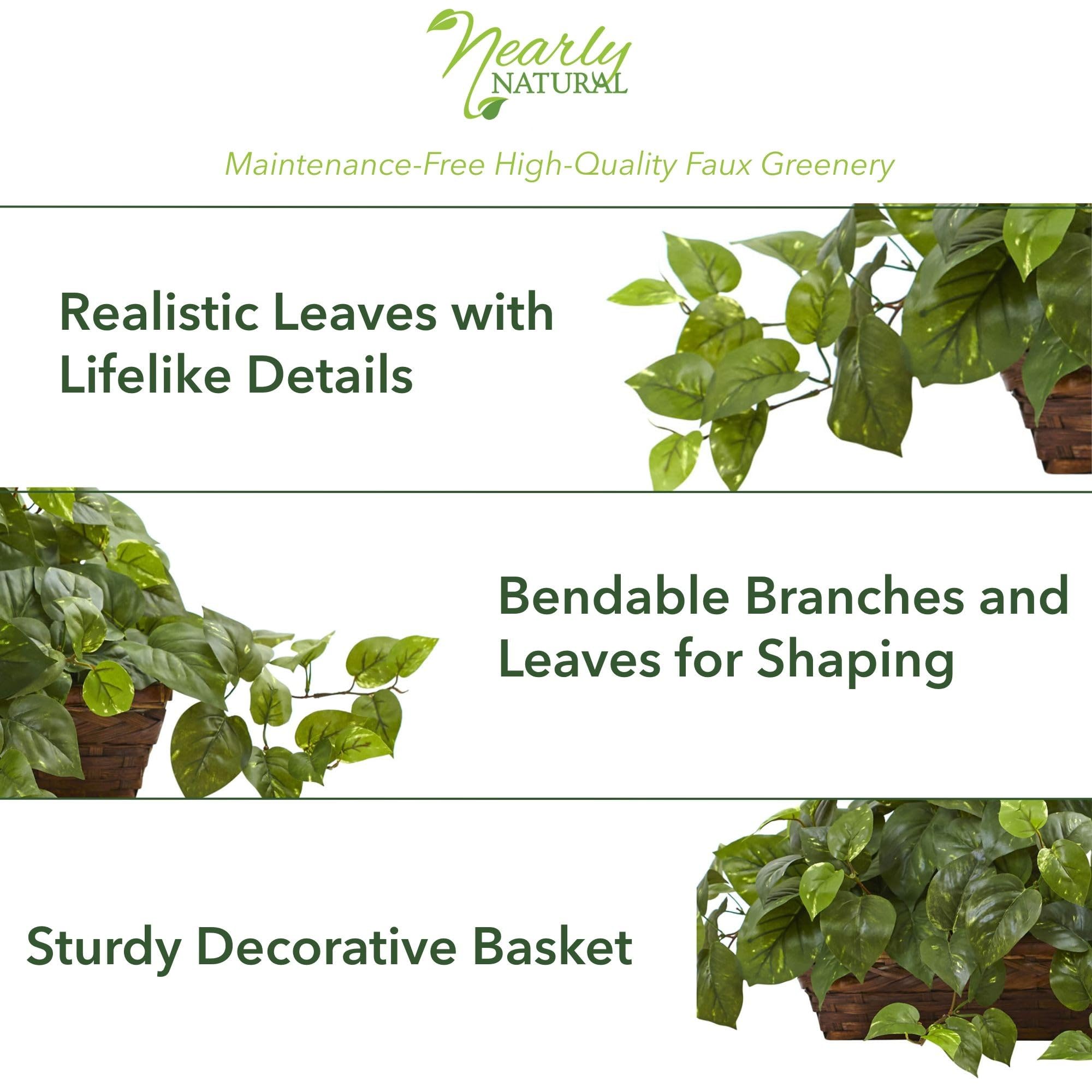 Nearly Natural pothos ivy in ledge basket boosts entryway appeal with easy style.