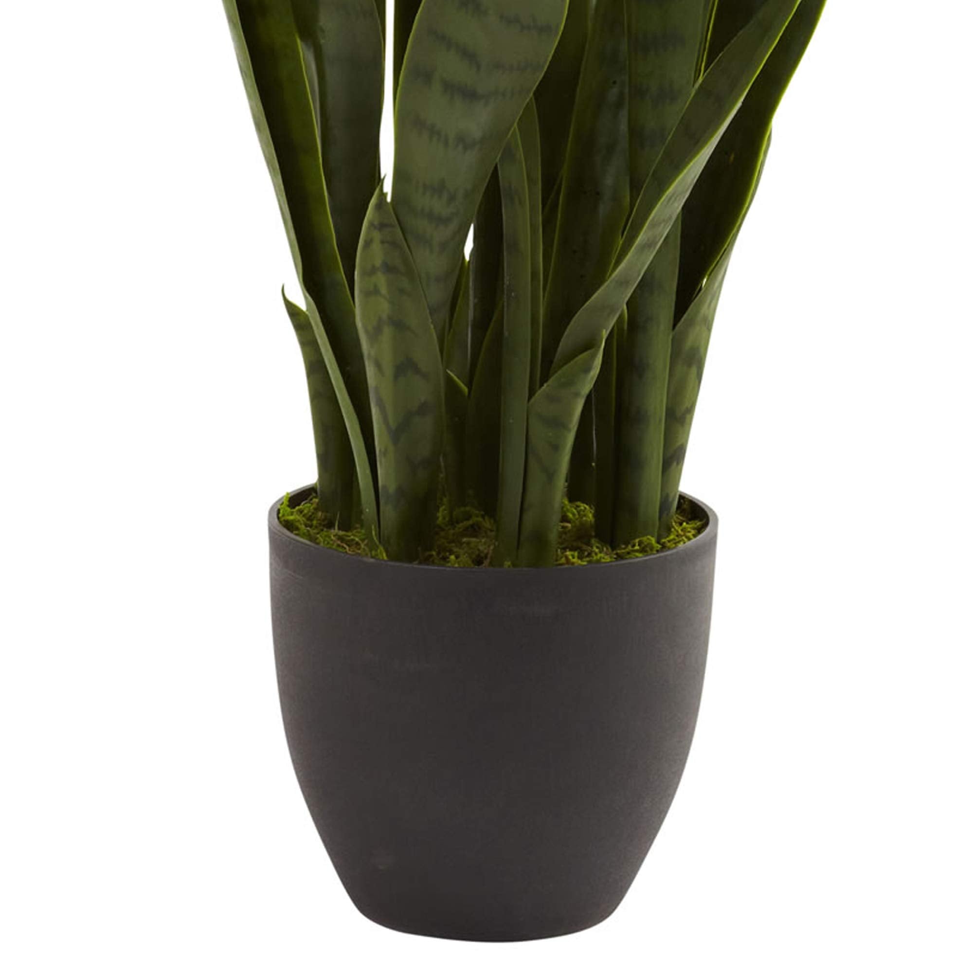Nearly Natural snake plant with decorative planter and sturdy base.