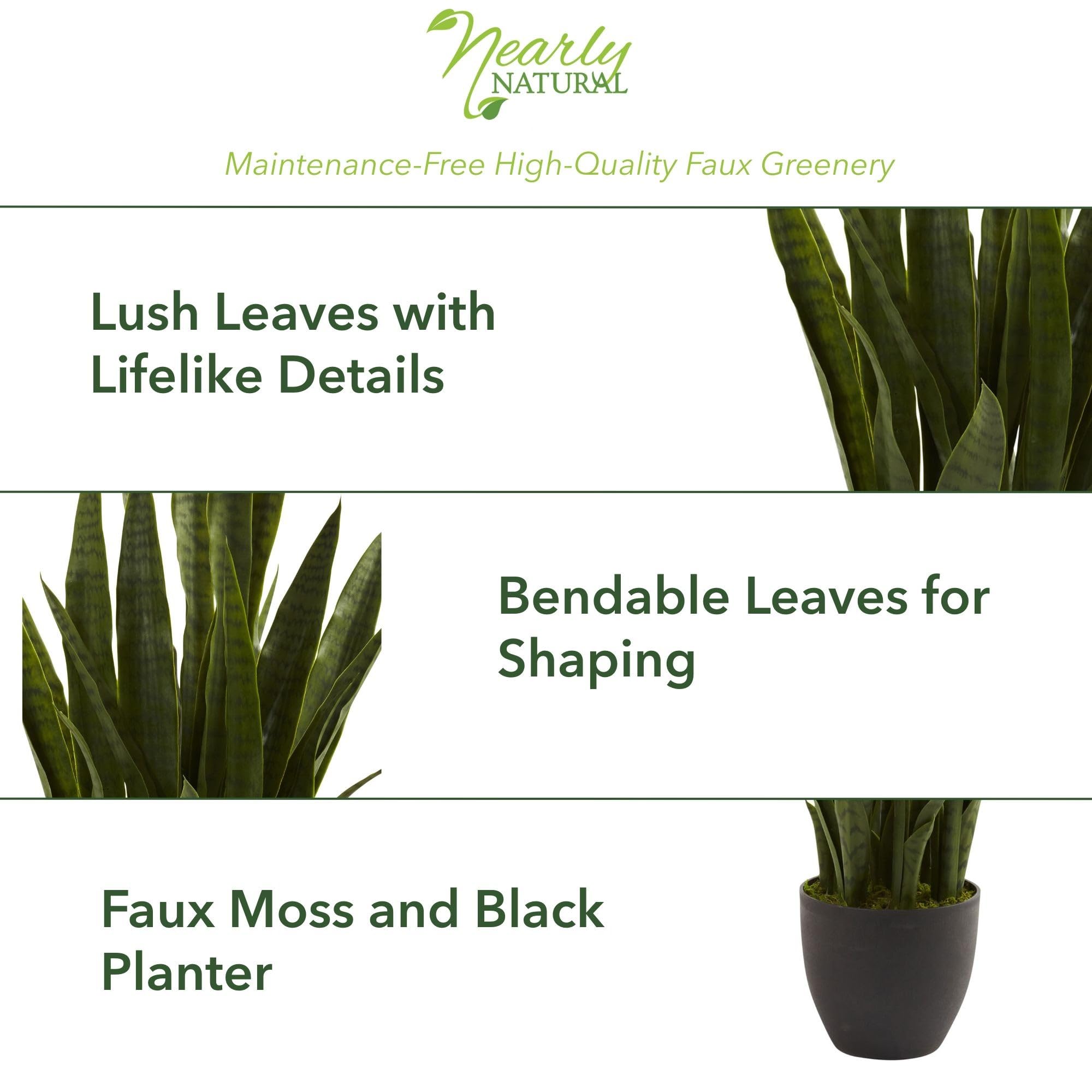 Nearly Natural snake plant close-up shows lifelike leaves.