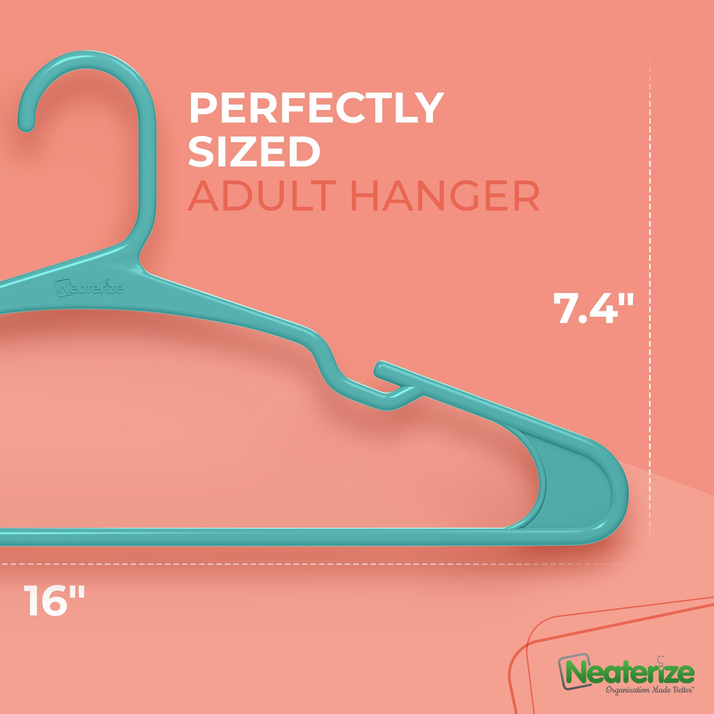 NEATERIZE angled-design hangers maintain shoulder shape and prevent slipping.