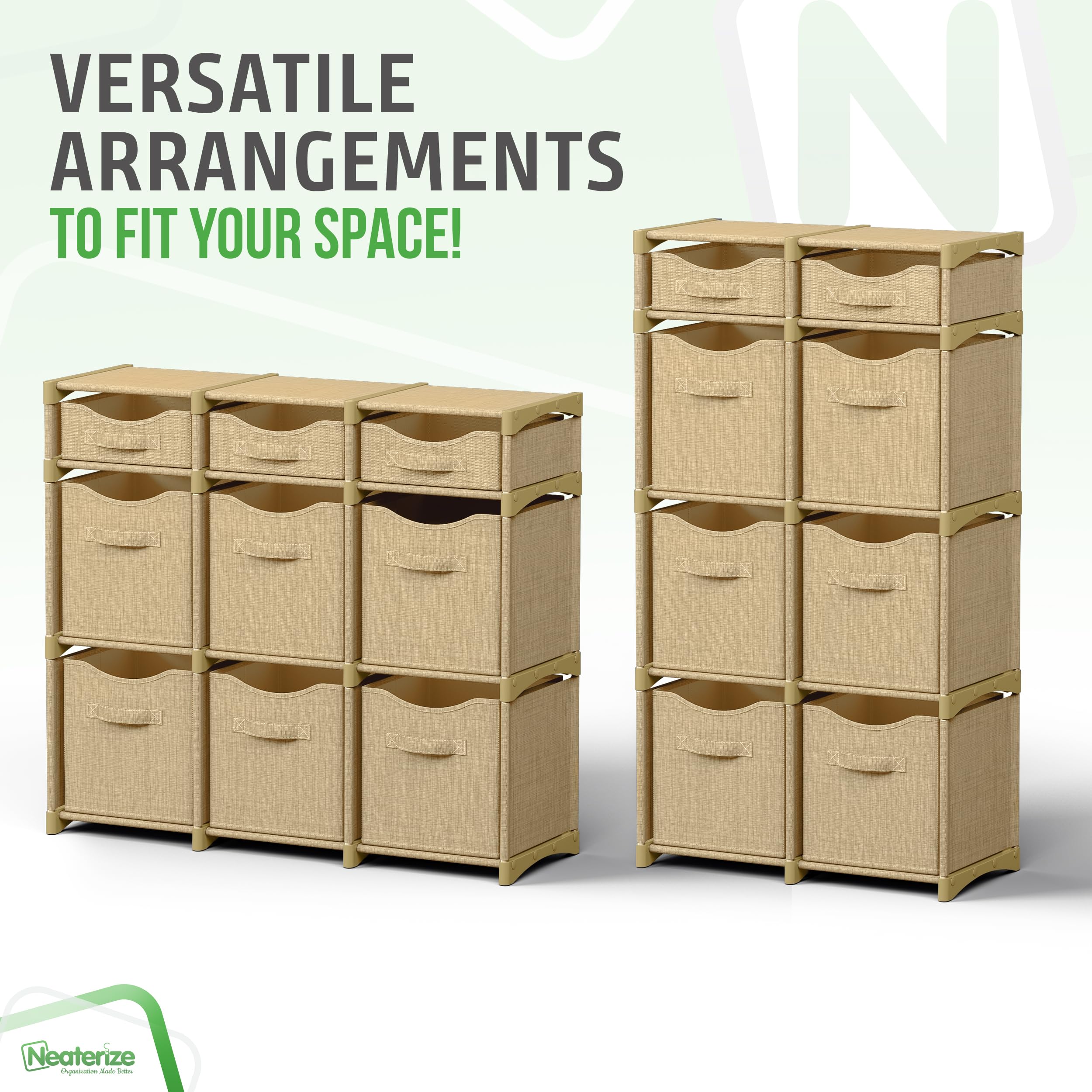 NEATERIZE beige storage cabinet doors closed, showcasing sturdy construction.
