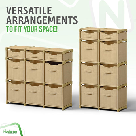 NEATERIZE beige storage cabinet doors closed, showcasing sturdy construction.