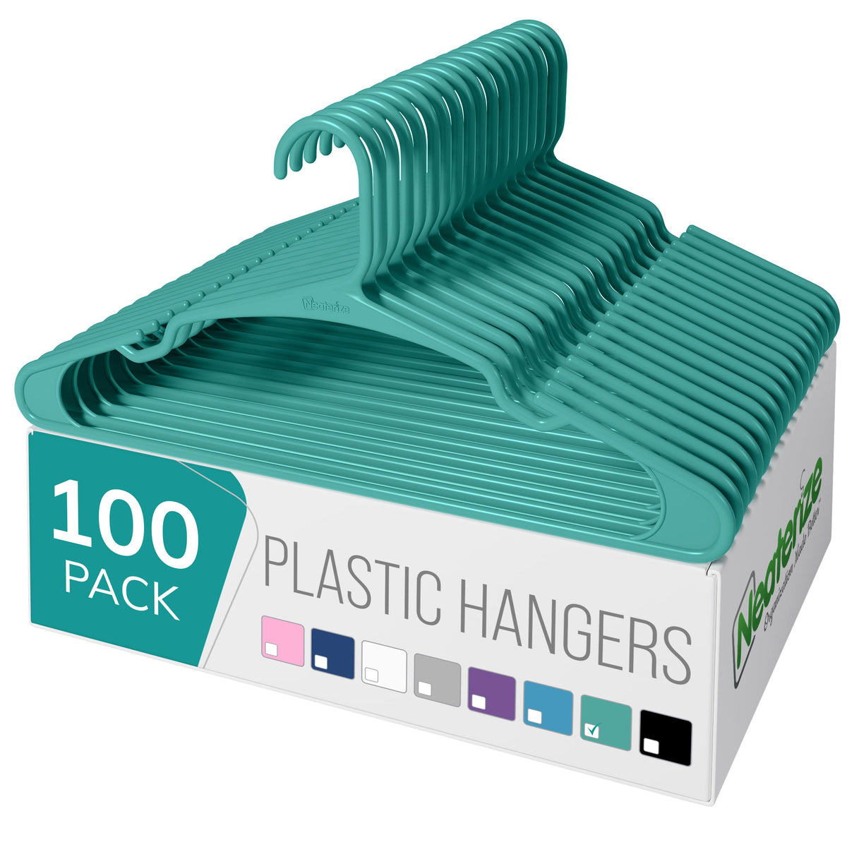 NEATERIZE 100-pack aqua clothes hangers for organized, space-saving closets.