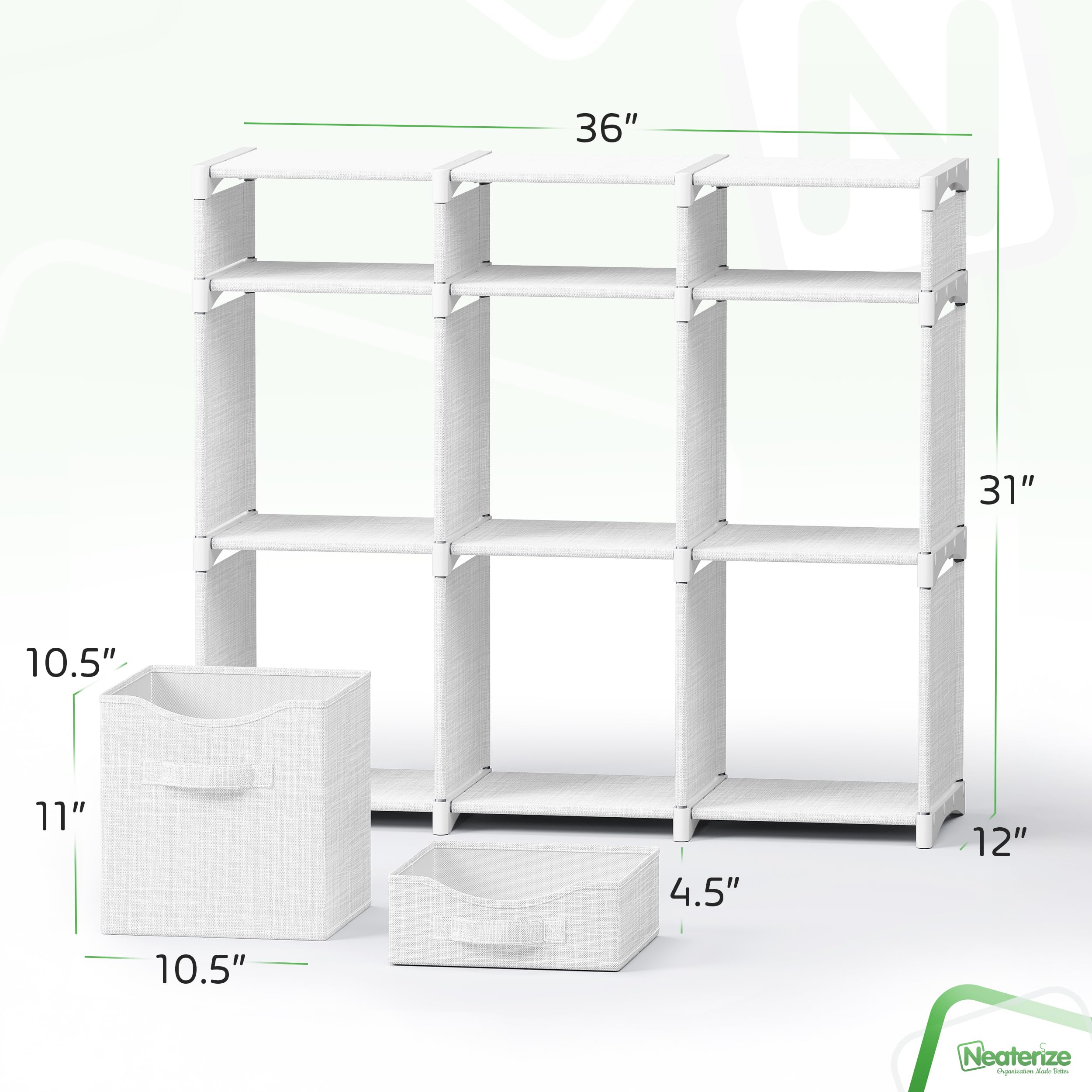 NEATERIZE cabinet panel demonstrates a roomy 36x31x12 inch frame for closet storage.