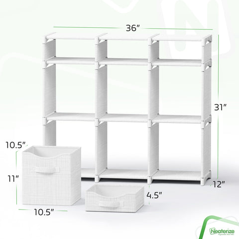 NEATERIZE cabinet panel demonstrates a roomy 36x31x12 inch frame for closet storage.