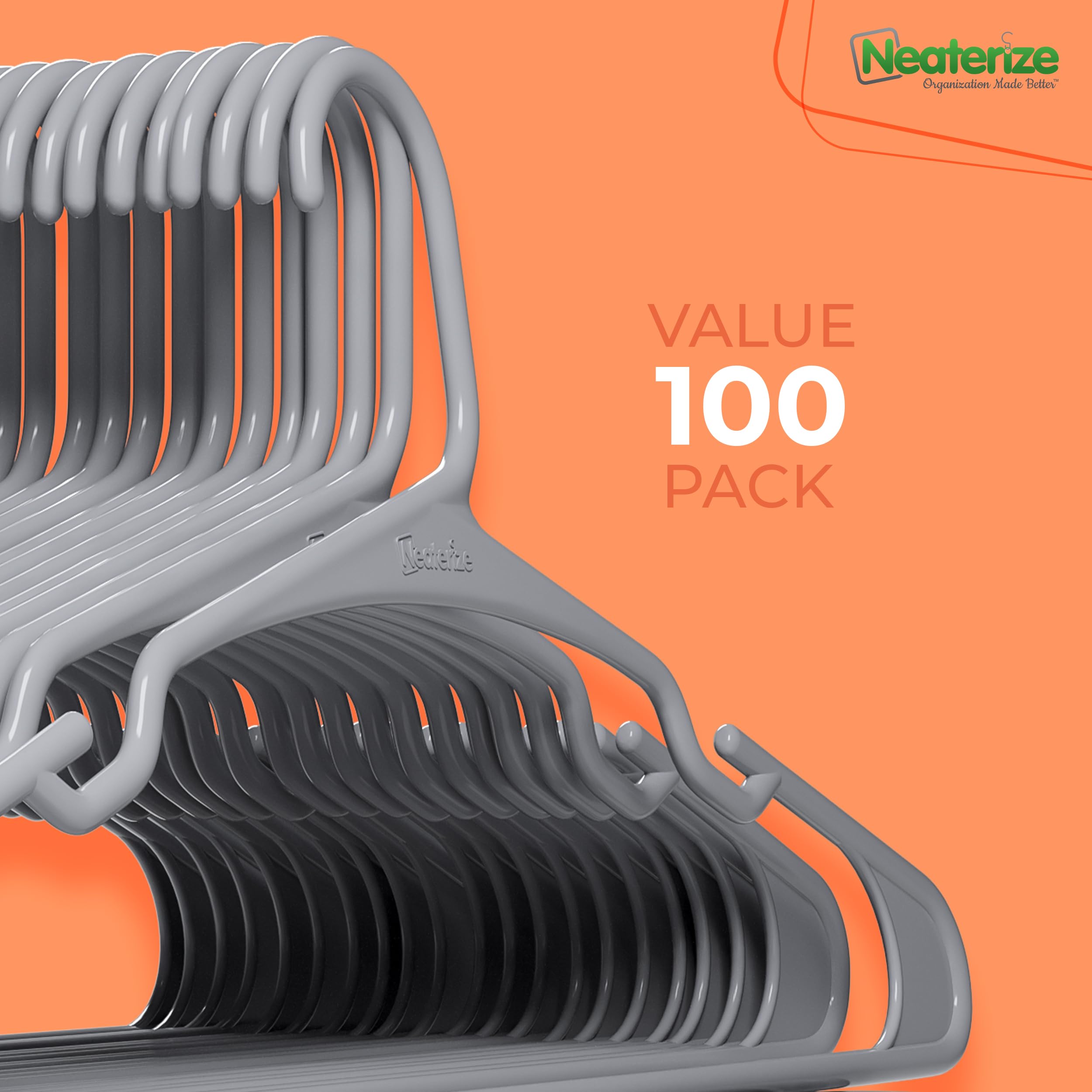 NEATERIZE eco-friendly plastic hangers offer durable organization