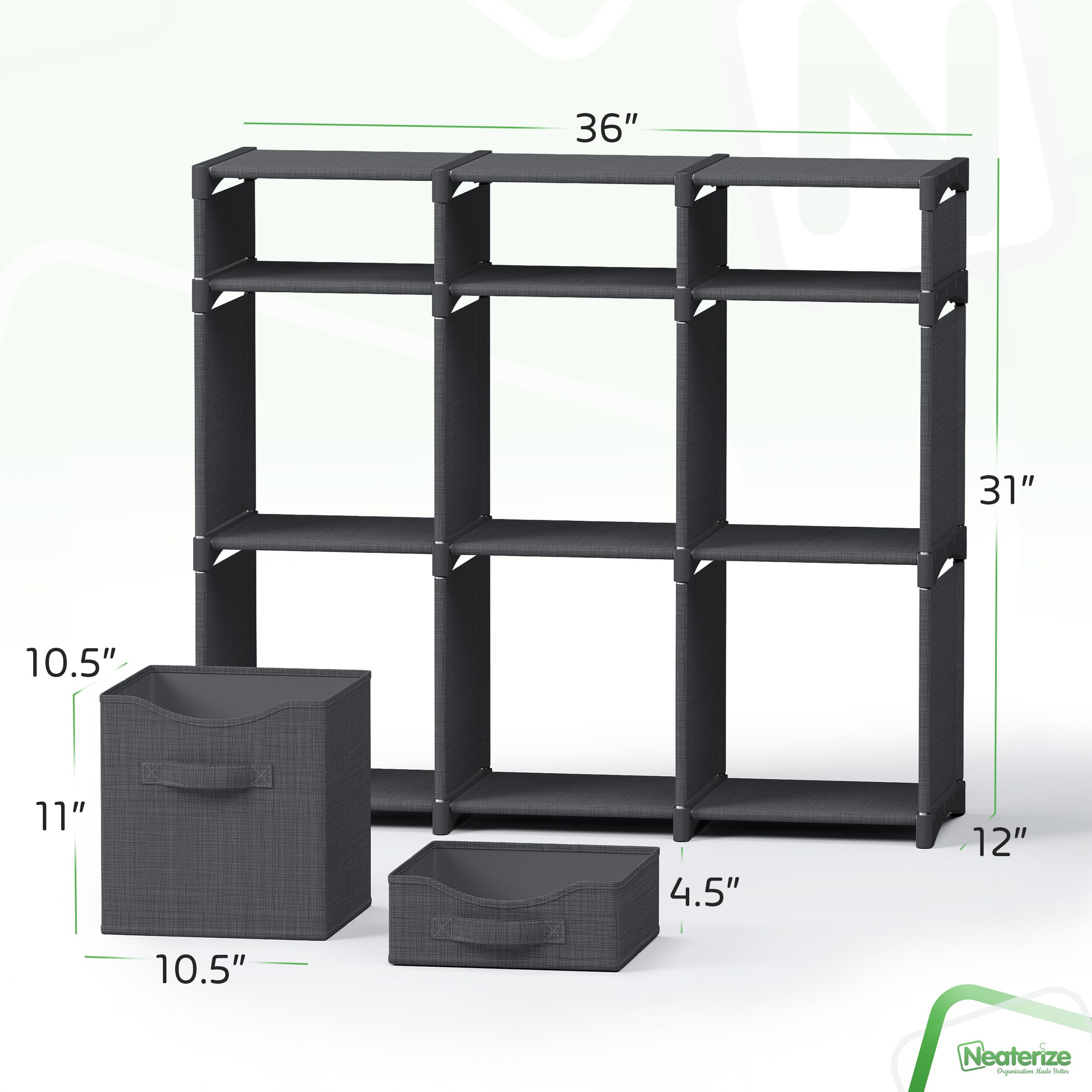 NEATERIZE nine-cube storage unit with bins demonstrates organized, accessible closet storage
