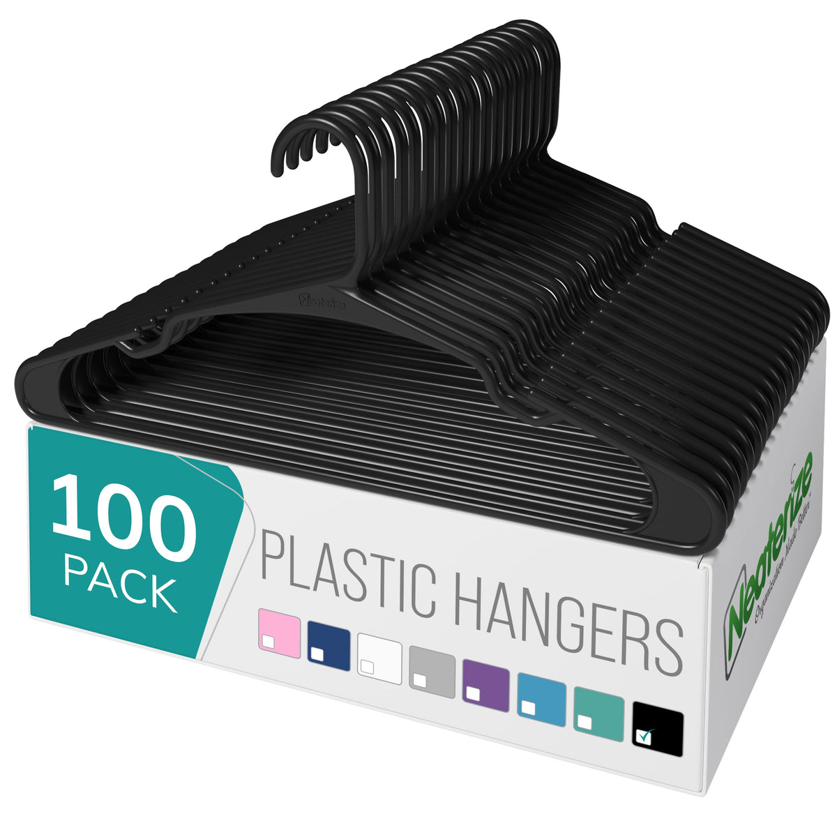 NEATERIZE plastic hangers 100-pack with angled design supporting garments