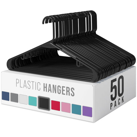 NEATERIZE plastic coat hangers in black provide sturdy support for shirts and jackets.