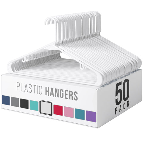 NEATERIZE plastic hangers 50-pack in white for durable coat hanging and closet organization.