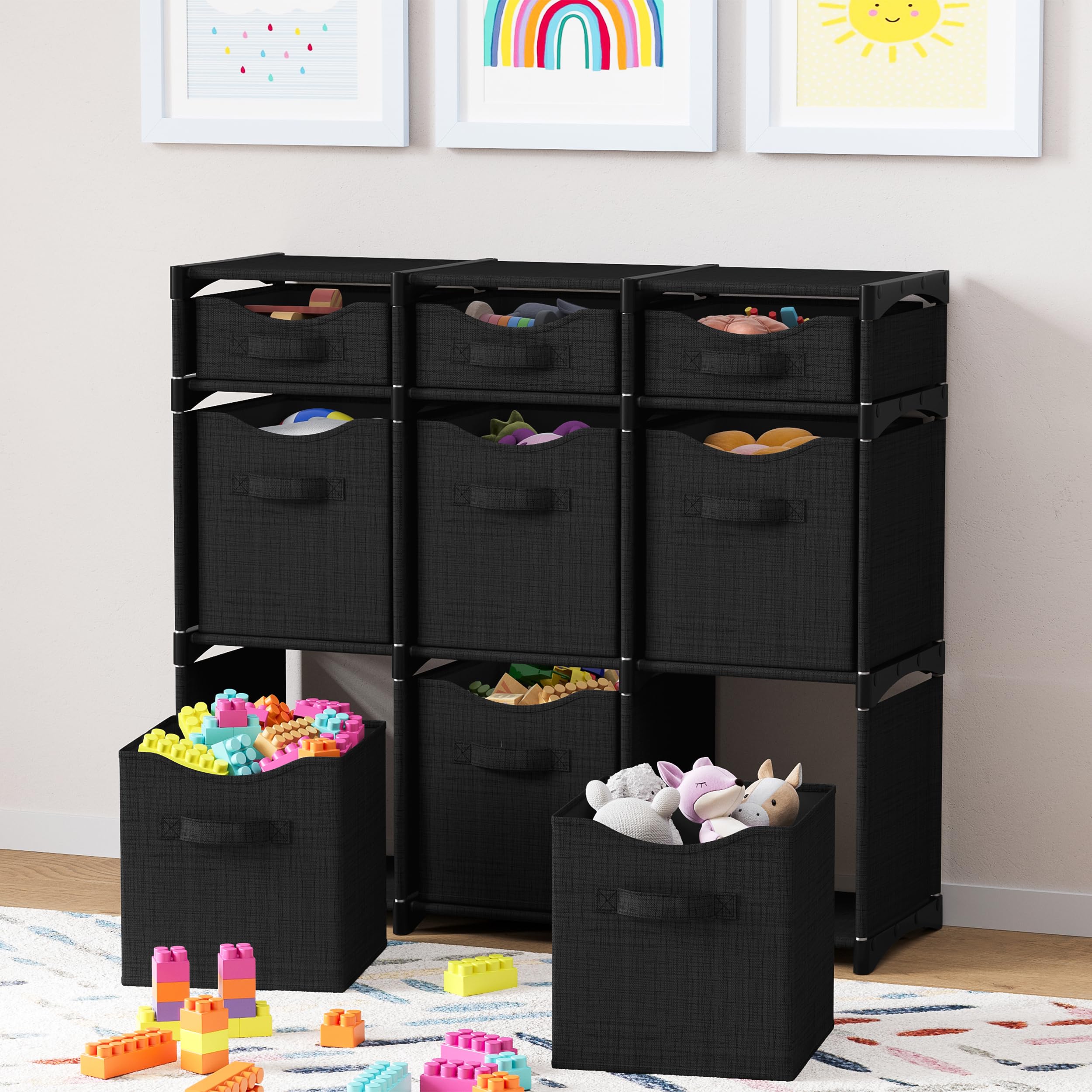 Small storage cubes offer versatile compartments for accessories and seasonal items.