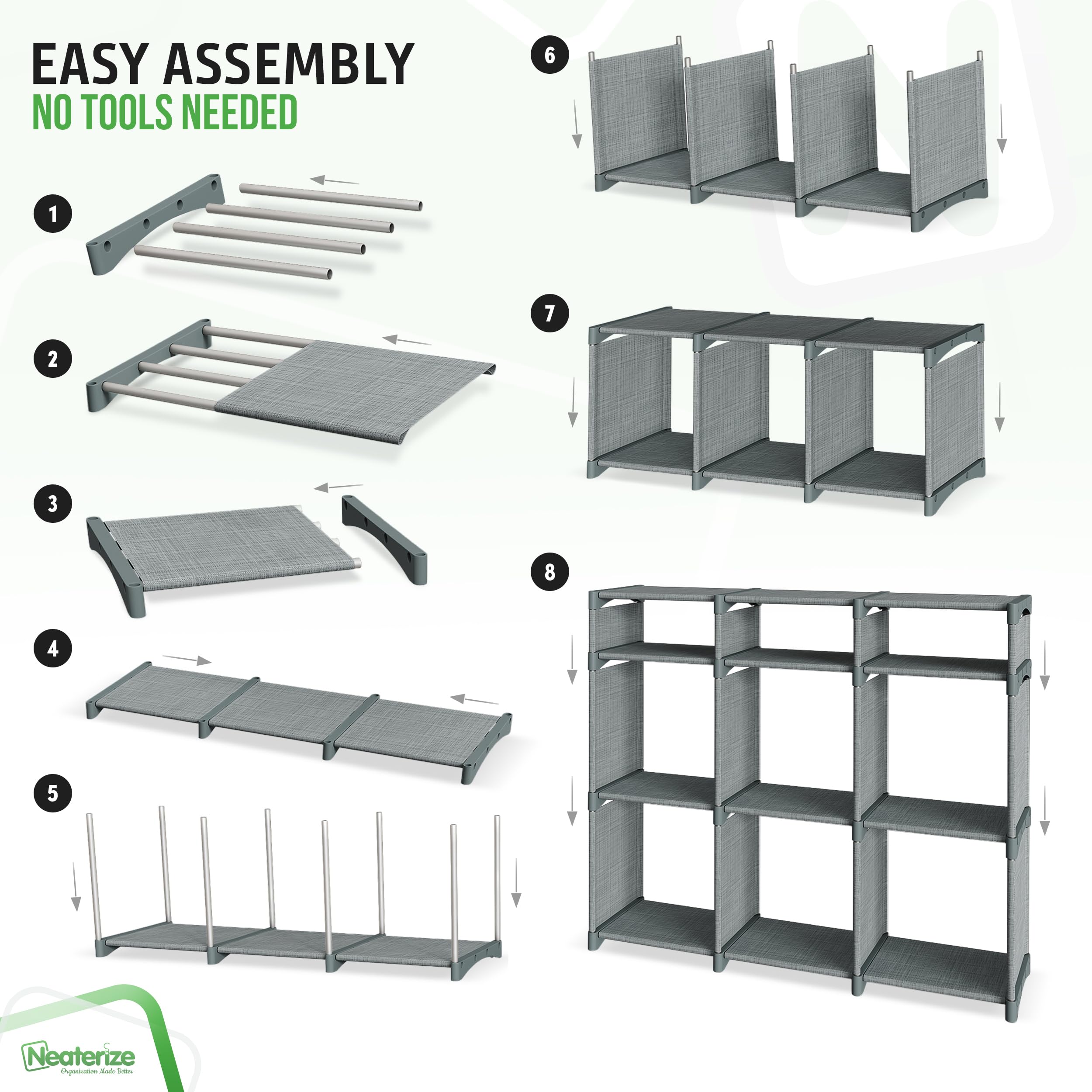 NEATERIZE tool-free assembly enables quick setup in minutes