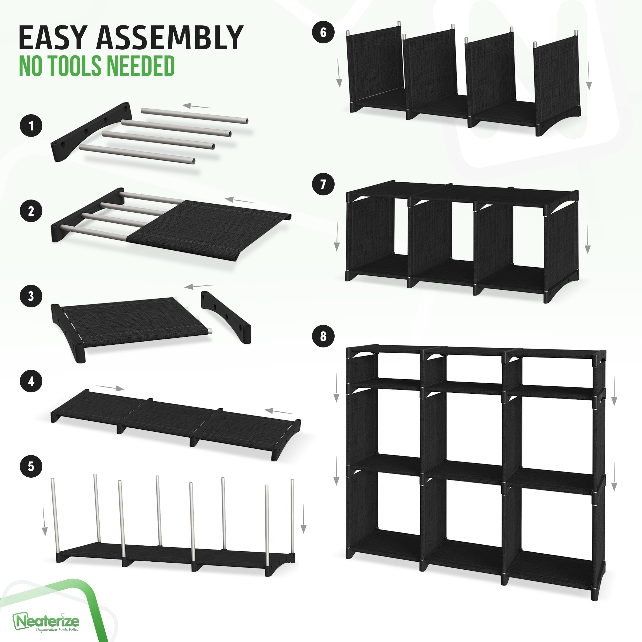Tool-free assembly highlighting quick, stress-free setup for NEATERIZE unit.