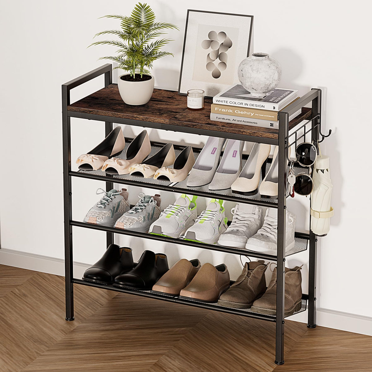 Neatevday 4-Tier Shoe Rack front view shows roomy shelves for organized footwear