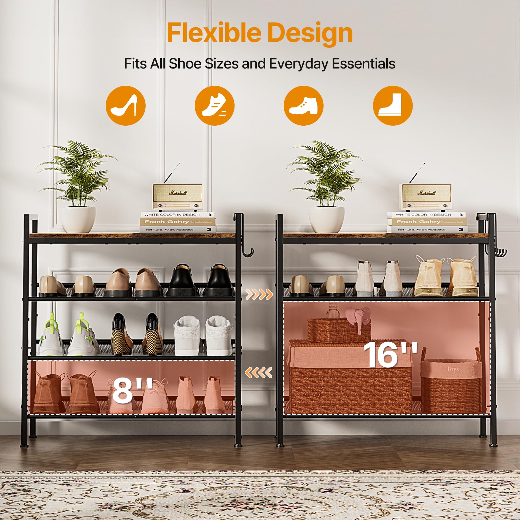 Neatevday 4-Tier Shoe Rack side view highlights adjustable height for tall shoes