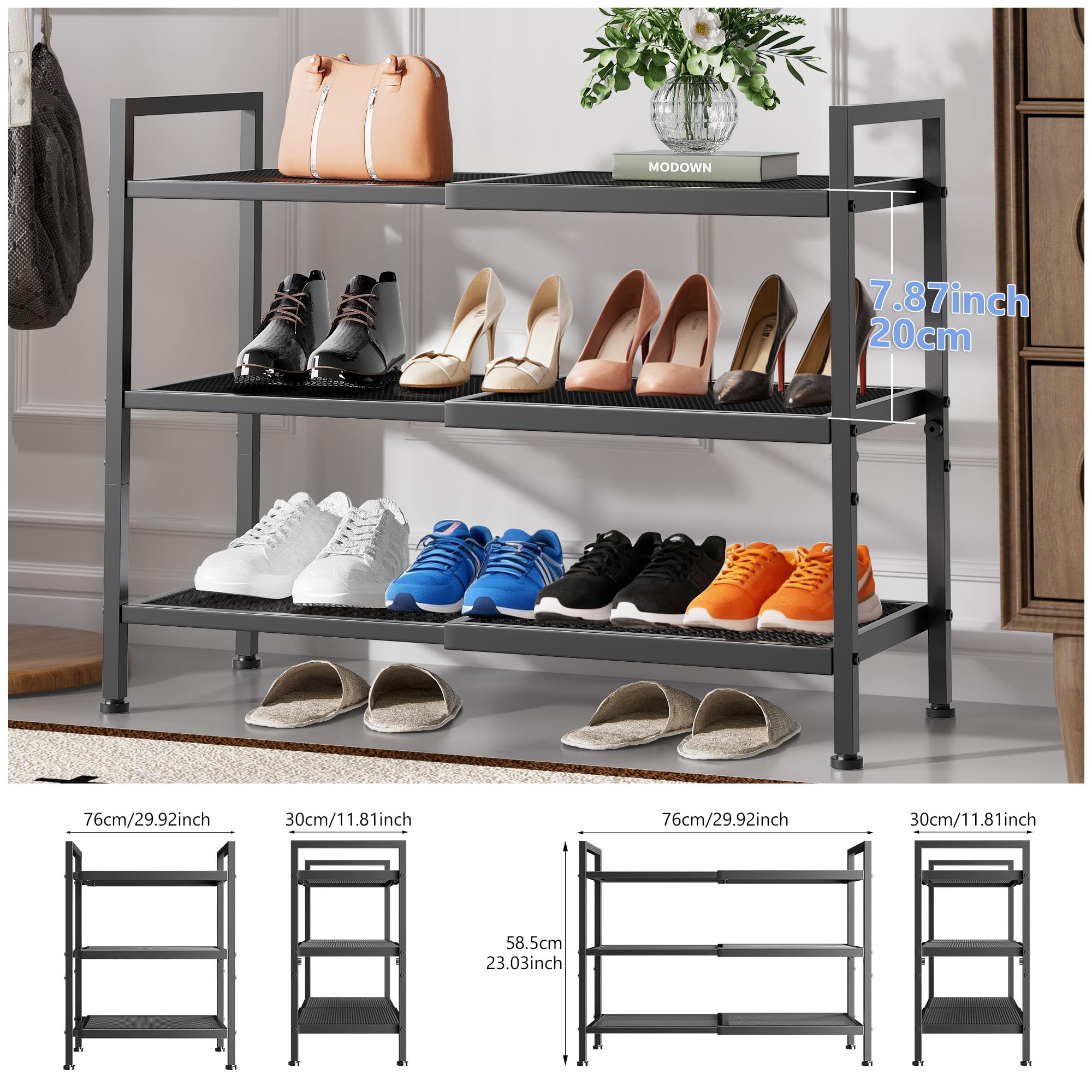Neatevday expandable shoe rack in closet showing adjustable width for tight spaces