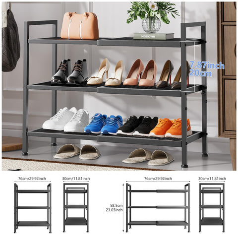 Neatevday expandable shoe rack in closet showing adjustable width for tight spaces