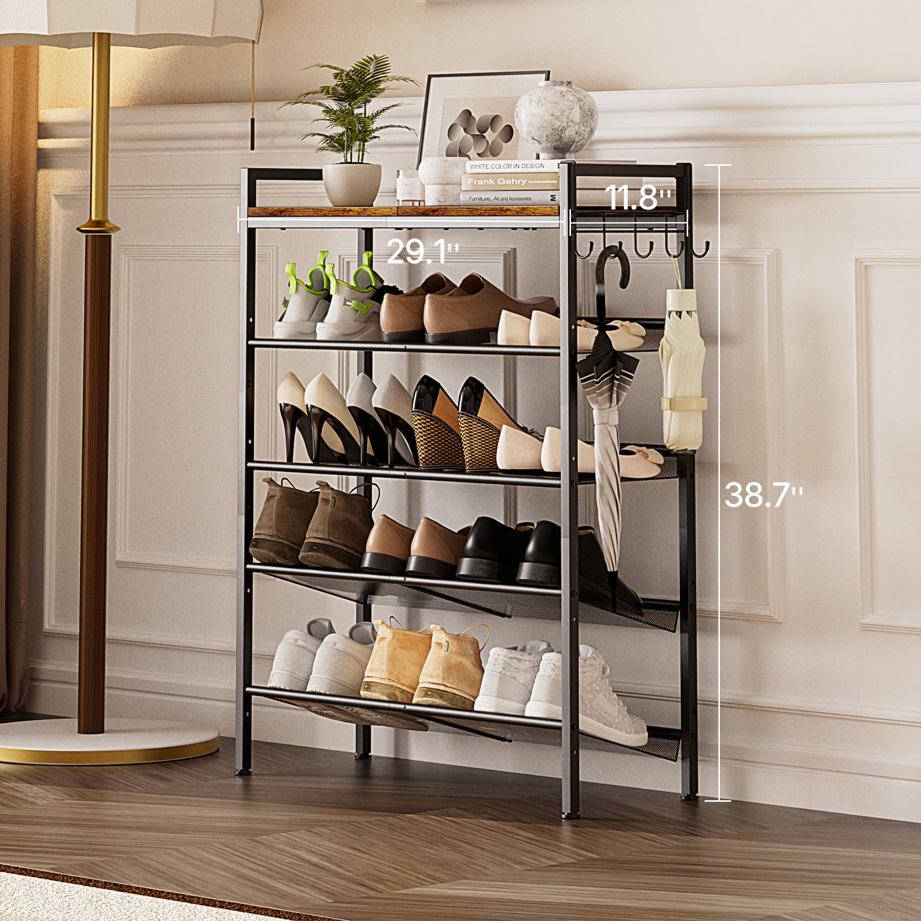 neatevday tilt-adjustable rack enables easy access to shoes.