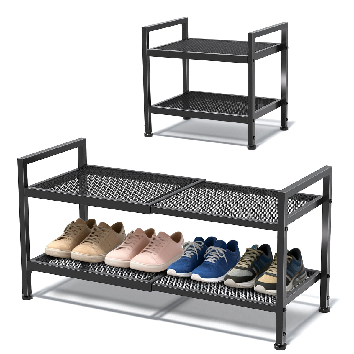 neatevday two-tier shoe rack extended width in a clutter-free entryway